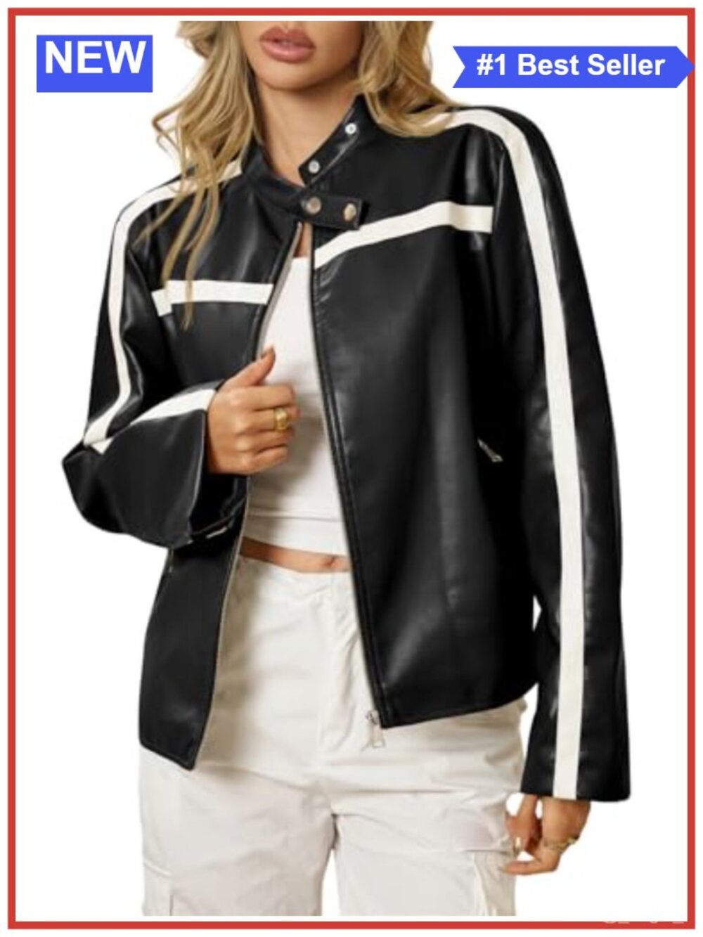 Faux Leather Bomber Jacket Zip Up Moto Biker Racing Coat Women's